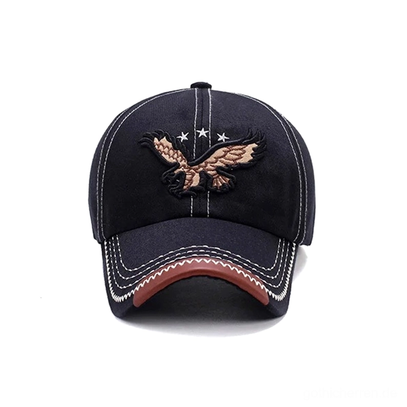 Schwarze Gothic-Baseballmütze mit detaillierter 3D-Adler- und Stern-Stickerei auf Baumwoll-Twill-Stoff, direkte Vorderansicht – feines Handwerk und künstlerische Detailarbeit sichtbar