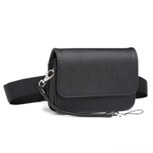 Schwarze Gothic Bauchtasche Vorderansicht - Premium PU-Leder mit Kreuzstruktur-Oberfläche, Goldtone Metall-Hardware und Reißverschluss für EDC Carry