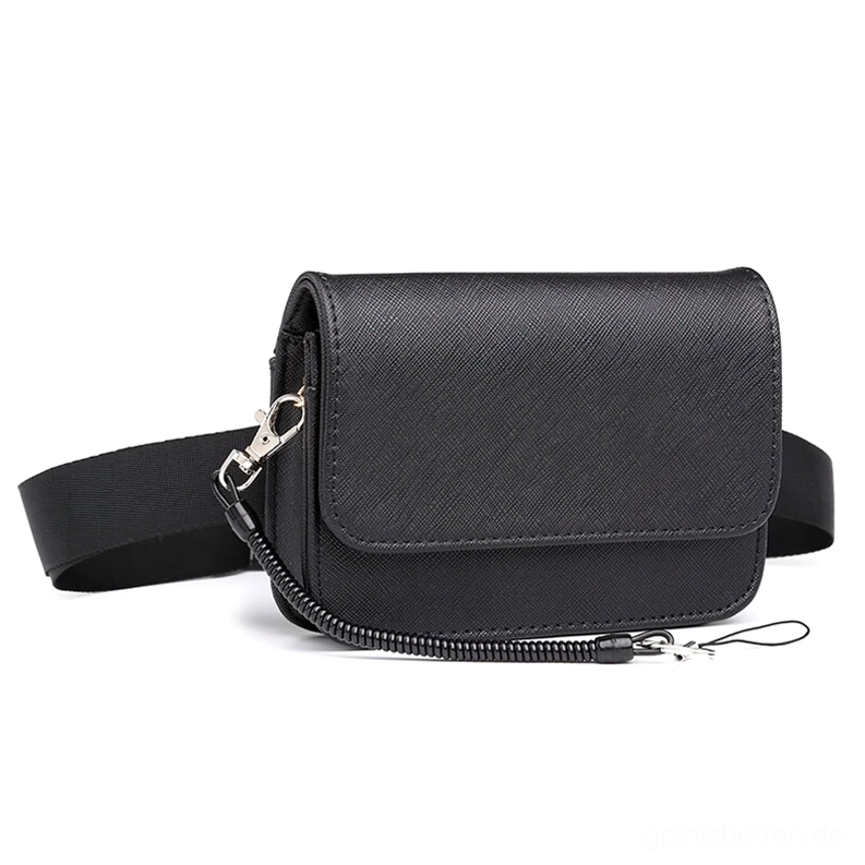 Schwarze Gothic Bauchtasche Vorderansicht - Premium PU-Leder mit Kreuzstruktur-Oberfläche, Goldtone Metall-Hardware und Reißverschluss für EDC Carry