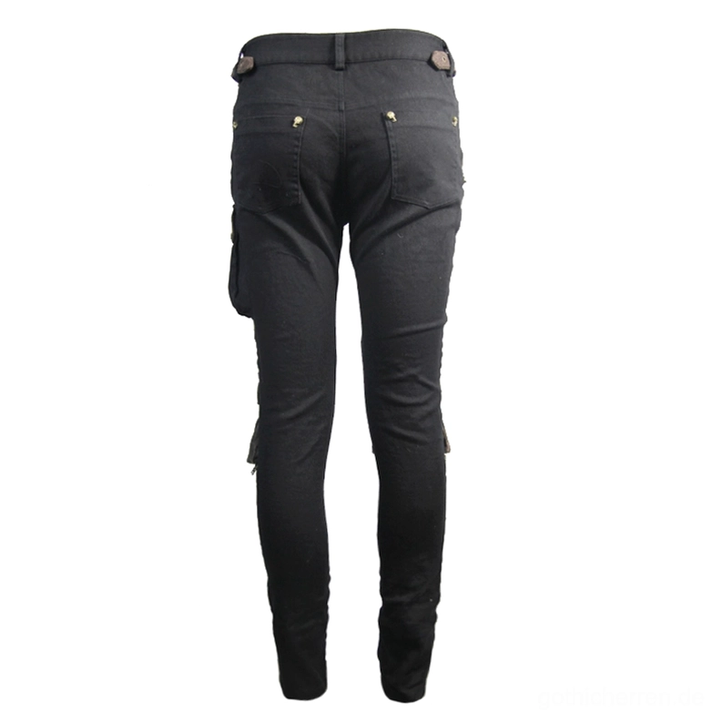 Schwarze gothische Skinny-Biker-Cargo-Hose in kompletter Rückansicht am Mannequin, Standard-Jeans-Rückentaschen und seitliche Cargo-Elemente
