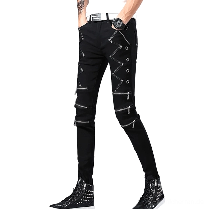 Schwarze gotische Biker-Jeans für Herren Vorderansicht mit Metallnieten und Reißverschlüssen Slim Fit Punk Denim vorne