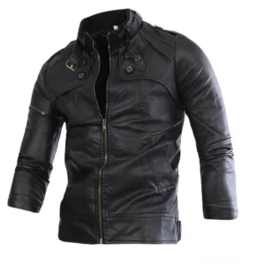 Schwarze PU-Leder-Gothic-Biker-Jacke Vorderansicht mit strukturiertem Stand Collar und Metallreißverschluss - Herren Motorradjacke