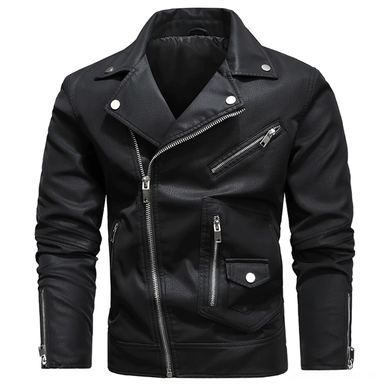 Schwarze Gothic-Bikerjacke mit ausgeprägtem Revers-Kragen asymmetrischem Reißverschluss und Nieten-Details Nahaufnahme