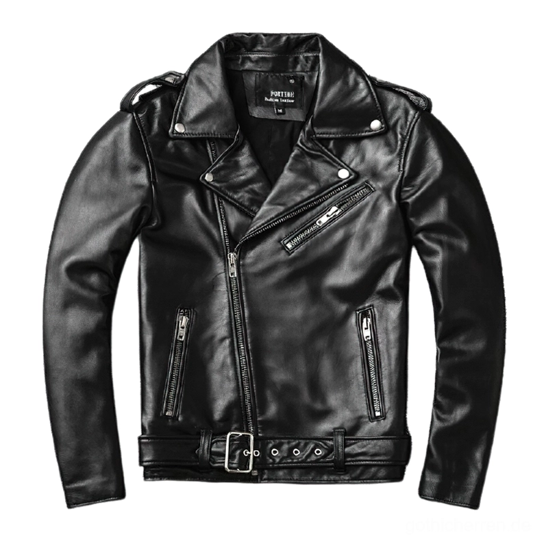Schwarze Gothic Bikerjacke aus echtem Rindsleder Vorderansicht mit asymmetrischem Reißverschluss Slim-Fit Motorradjacke Herrenmode