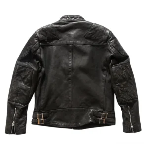 Schwarze Lederjacke Gothik-Stil Rückansicht Flat Lay zeigt verstellbare Taillenlederschnallen mit Metallbeschlag und gesteppte Ellbogen-Passen Detail