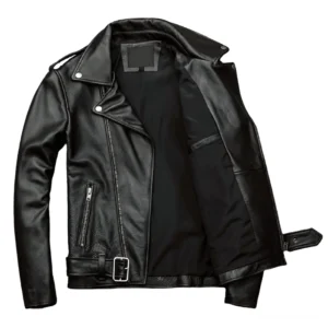 Schwarze Gothic Bikerjacke aus Schafsleder Innenansicht Futter Taschen abnehmbarer Taillenriemen Innendetails