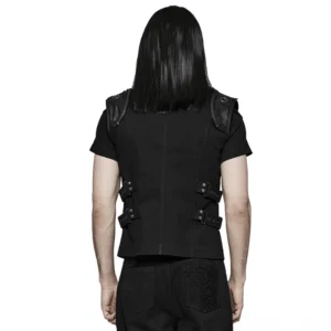 Rückansicht der schwarzen Gothic-Buckle-Weste mit seitlichen Schnallengurten und taillierter Silhouette auf männlichem Model