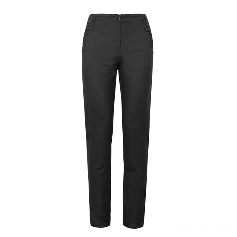 Flachlage schwarze Gothic Cargo-Hose Silhouette mit Spitzen-Seitentasche-Besatz und Frontreißverschluss
