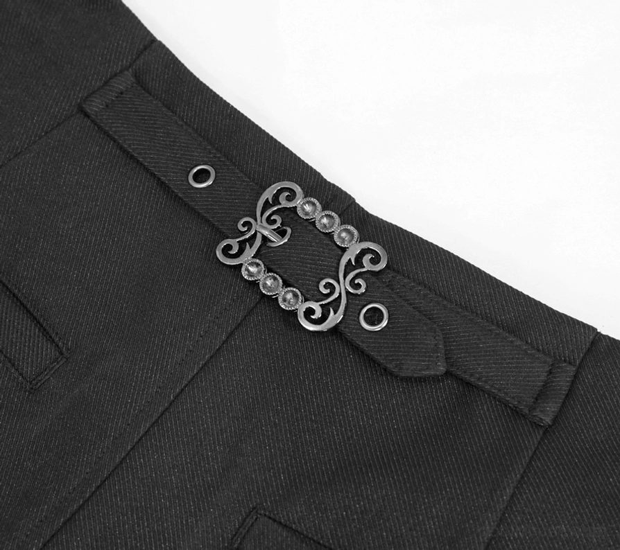 Nahaufnahme schwarze Gothic Cargo-Hose Metallschließe Waistband Vintage-Hardware Twill-Stoffstruktur