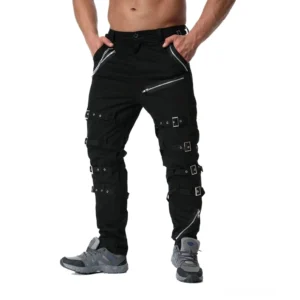 Schwarze taktische Gothic Cargo Hose mit mehreren Reißverschluss-Dekorationen Nahaufnahme Detailansicht Hardware