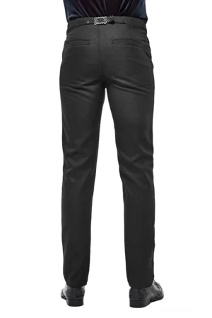 Schwarze Gothic Cargo-Hose Rückenansicht mit dekorativer Metallschließe Bundkante und Rückentaschen