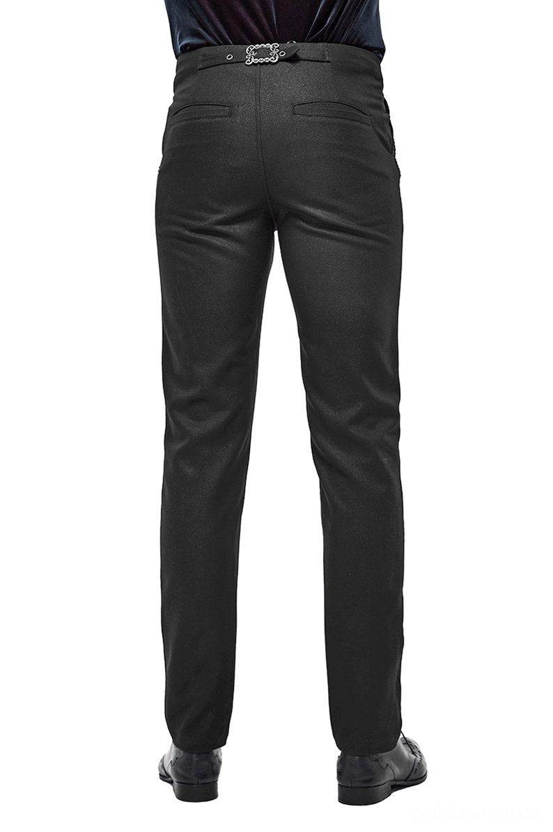 Schwarze Gothic Cargo-Hose Rückenansicht mit dekorativer Metallschließe Bundkante und Rückentaschen