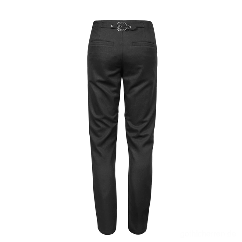 Rückseitige Flachlage schwarze Gothic Cargo-Hose Rückentaschen und Hardware Beschläge Detail