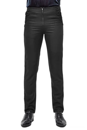 Schwarze Gothic Cargo-Hose Frontansicht mit Reißverschluss und Spitze Seitentasche Detail Frontalansicht