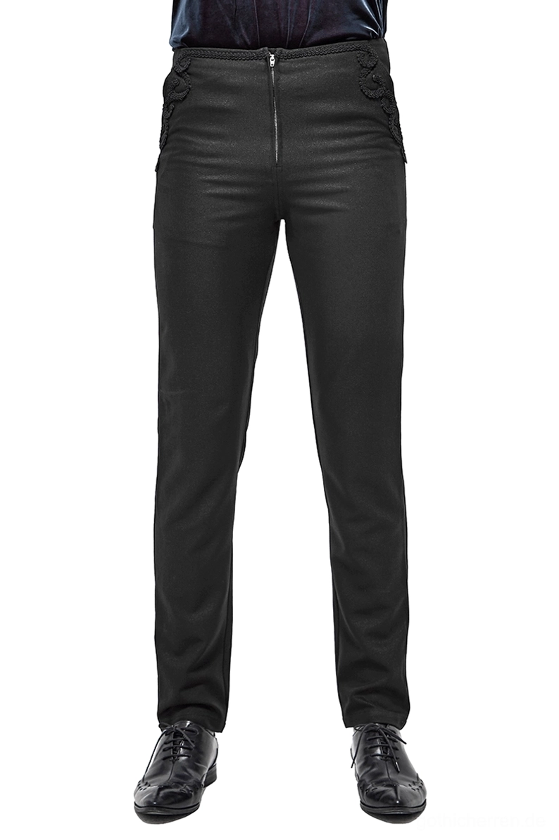 Schwarze Gothic Cargo-Hose Frontansicht mit Reißverschluss und Spitze Seitentasche Detail Frontalansicht