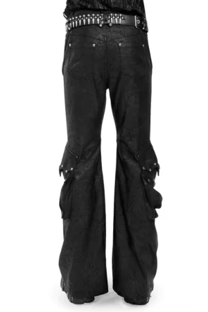 Schwarze gotische Schlaghose mit Cargo-Taschen Rückansicht auf Mannequin – zeigt genietete Gürtelschlaufen, Kreuzstich-Taille und Seitentasche-Konstruktion