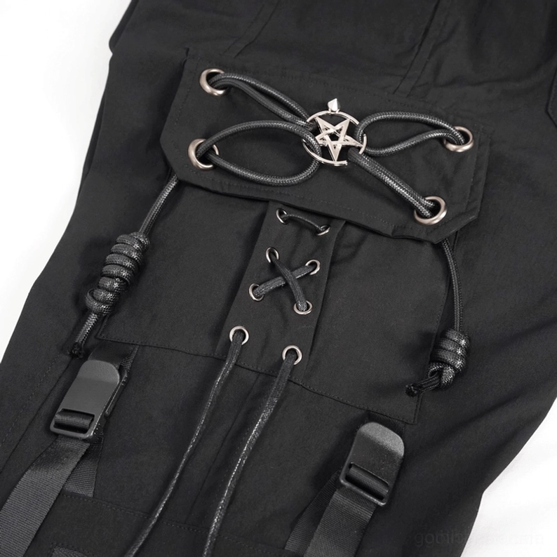 Cargo-Tasche Detail schwarze Gothic Cargo Hose mit metallischer Pentagram Schnalle und Schnür-Verschluss, taktische Schnürung und Ösen