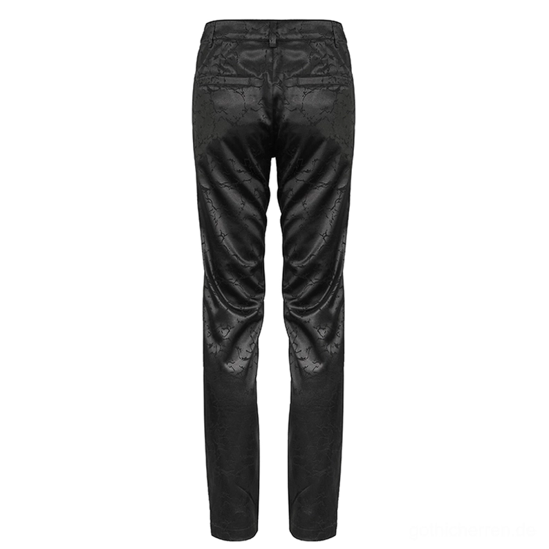 Schwarze Gothic-Cargohose Rückansicht Detailaufnahme – durchgehende Cargo-Taschen und glatte Jacquard-Stoffoberfläche mit matten Finish