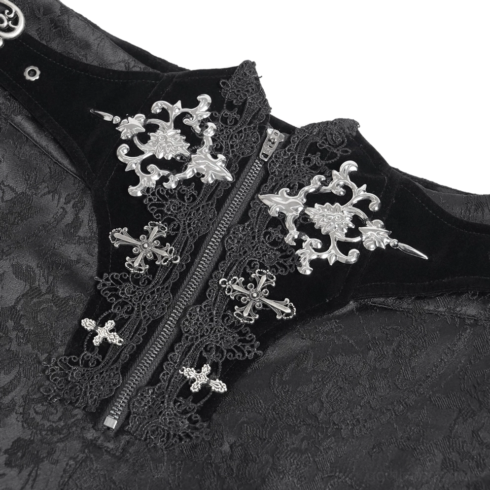 Nahaufnahme Details schwarze Gothic Cargohose Taillenbereich mit silberner Kreuzstickerei, Schnürung und Samtstoff-Bordüre
