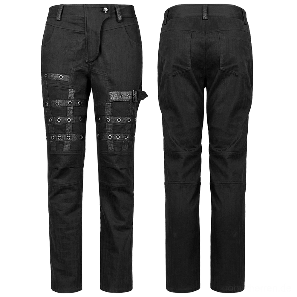 Flat Lay Vorder- und Rückansicht schwarze Gothic Cargohose mit vollständigen Grommet-Riemen und Tasche Details, Industrial Metal Hardware Dekoration