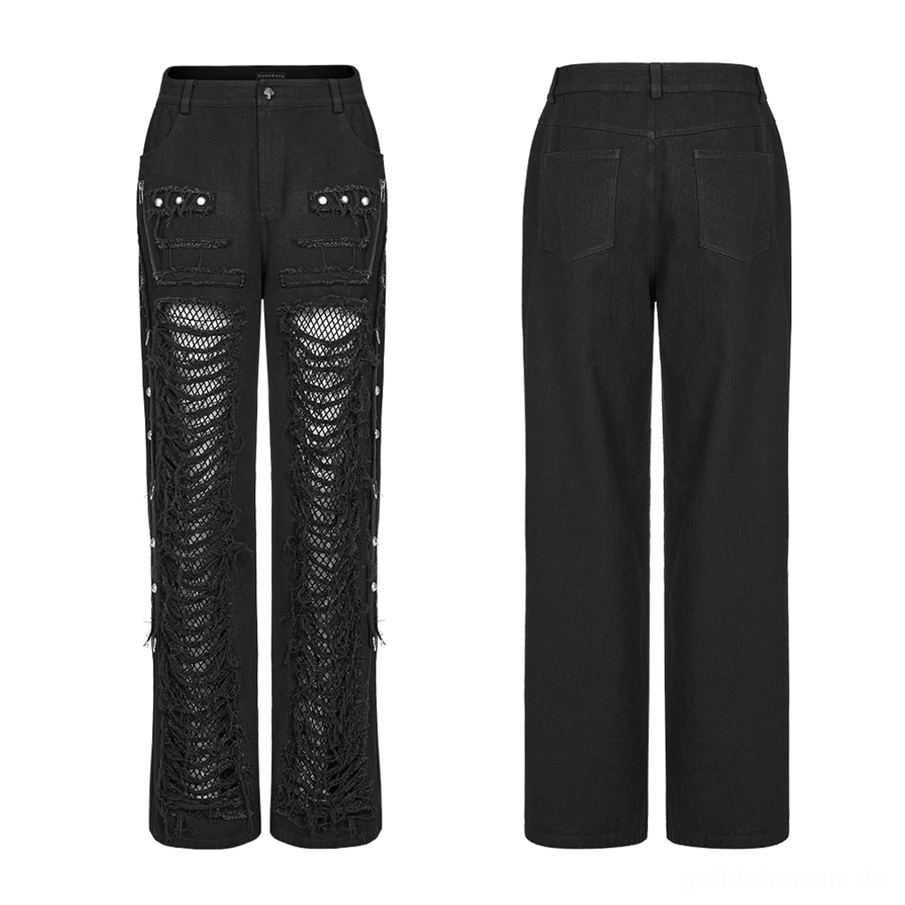 Flache Vergleichsaufnahme schwarzer distressed Gothic Cargohose Vorder- und Rückseite, zeigt zerrissene Mesh-Paneele, Nieten-Details und Cargo-Taschenpositionen