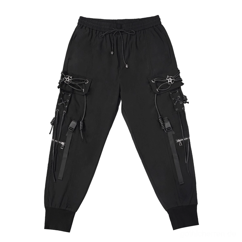 Vordere Flatlage schwarze Gothic Cargo Hose mit Kordelbund, mehreren Cargo-Taschen und taktischem Design, Pentagram Schnallen sichtbar