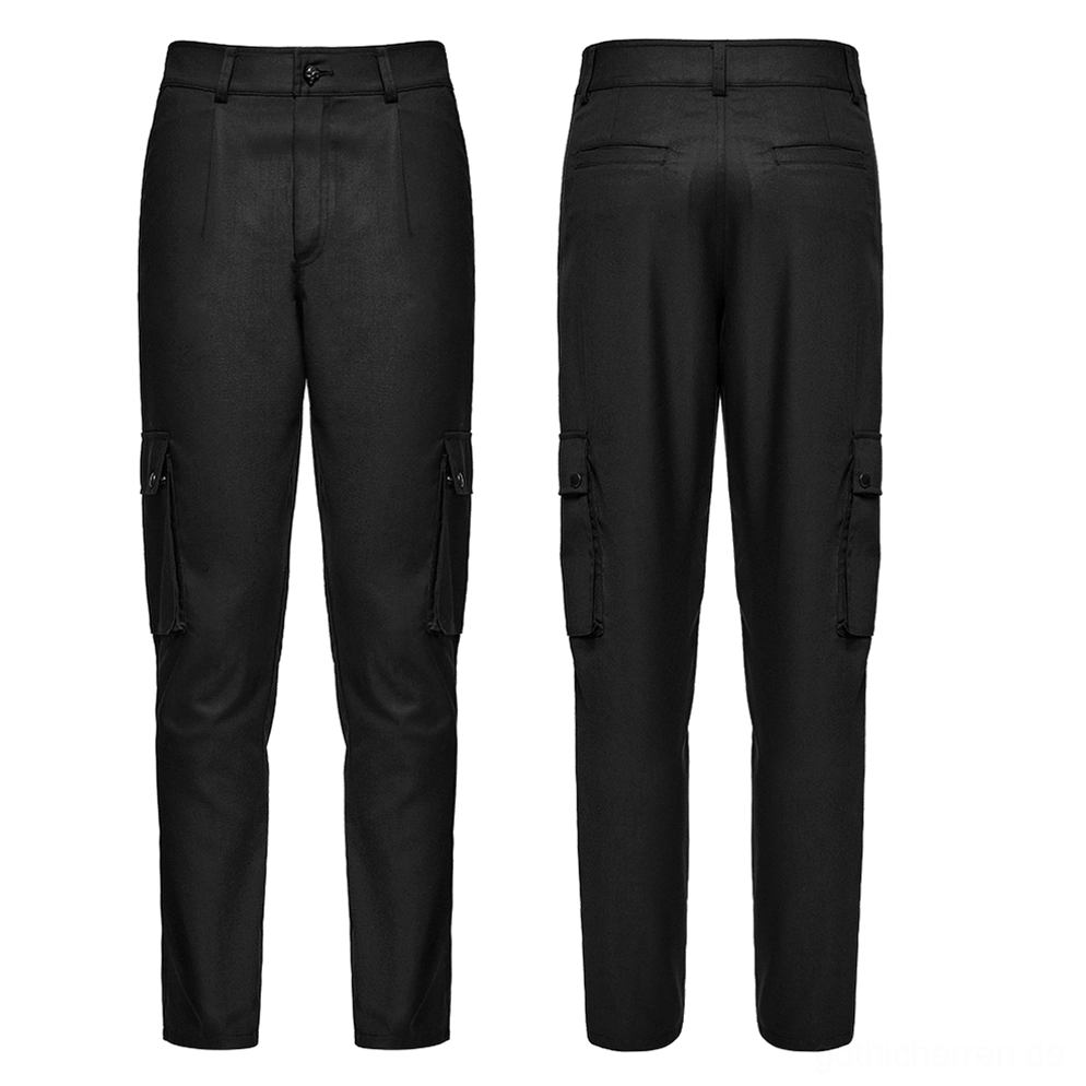 Flachaufnahme schwarze Herren-Gothic-Cargohose mit Vorder- und Rückansicht, funktionale Cargotaschen und tailliertter Schnitt sichtbar