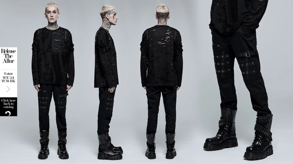 Ganzkörperansicht tätowiertes männliches Model in schwarzer Gothic Cargohose mit Alternative Styling Accessoires und Dark Fashion Gesamtlook
