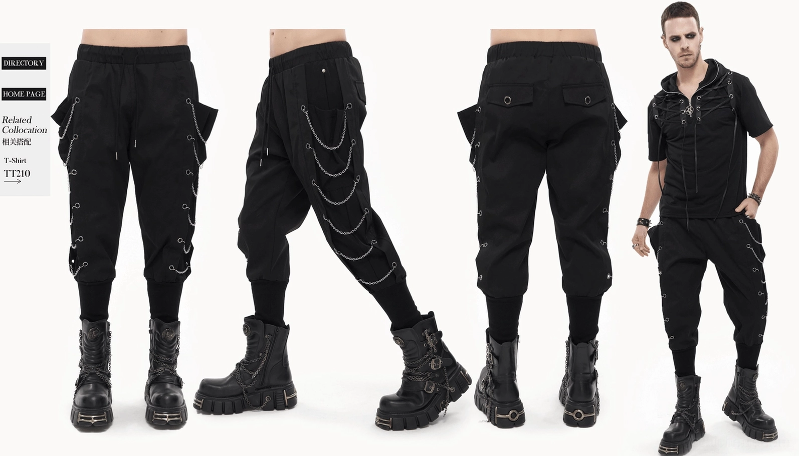 Größenreferenz und Fit-Proportionen schwarzer Gothic Cargohose auf Modell