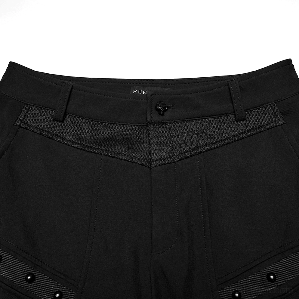 Schwarze Gothic Cargohose Styling Detail zeigt taktische Schnallenhardware, taillierte Bein-Konstruktion, strukturierte Manschetten und Alternative Fashion Darkwear Ästhetik
