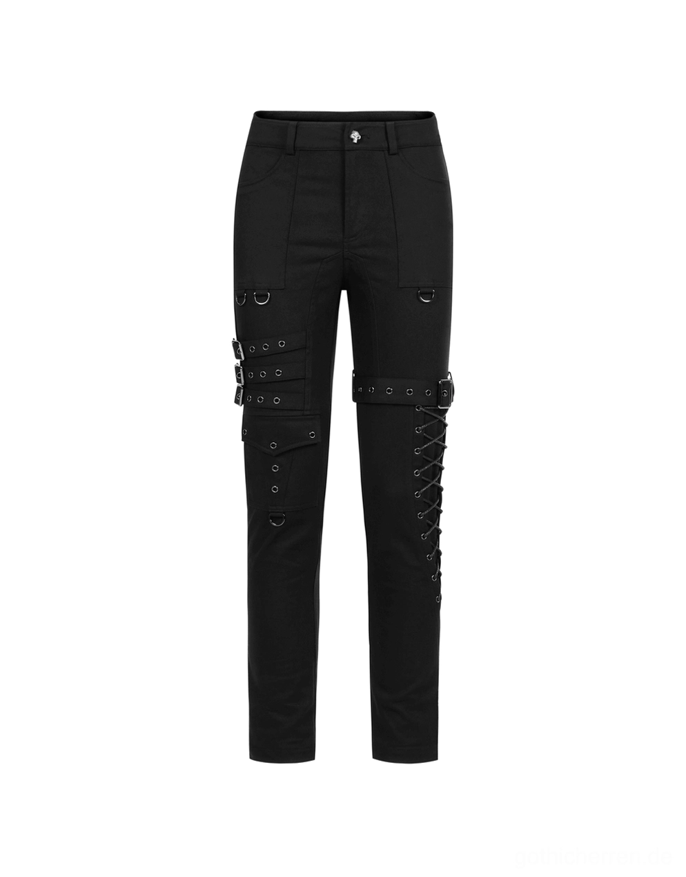 Schwarze Gothic-Cargohose Vorder-Flat-Lay mit Schnürbeinen und mehreren Schnallengurt-Positionen auf weißem Hintergrund - Detail der Cargo-Tasche und des Multi-Punkt-Schnallensystems