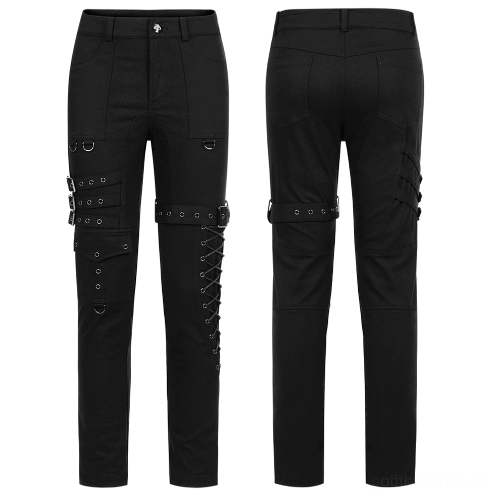 Schwarze Gothic-Cargohose Flat-Lay Vorder- und Rückansicht mit Schnürseite und Schnallenarchitektur auf weißem Hintergrund - vollständige Ansicht des industriellen Gothic-Designs