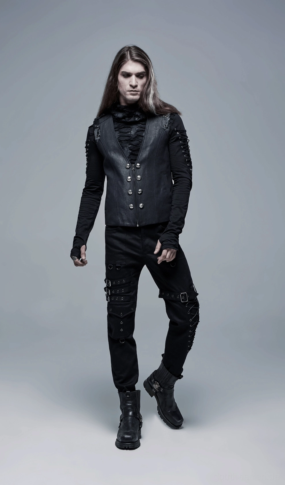 Schwarze Gothic-Cargohose Herren Gesamtansicht mit vollständigem Schnallengurtsystem und Cargo-Taschen-Architektur auf weißem Hintergrund - komplettes Design-Übersicht