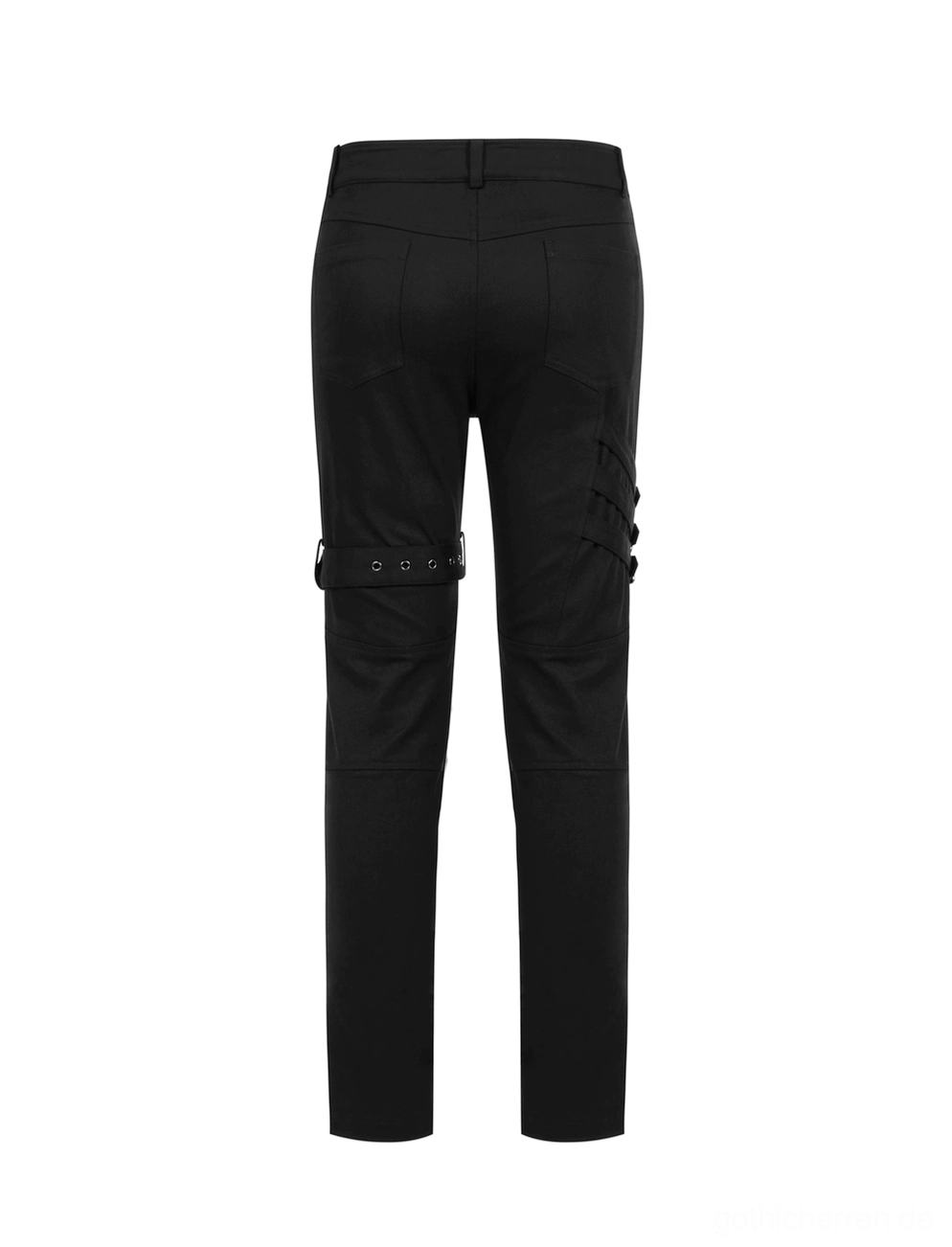 Schwarze Gothic-Cargohose Rück-Flat-Lay mit Oberschenkelschnallengurt-Platzierung und tailiertem Schnitt auf weißem Hintergrund - hintere Architektur der Alternative Herrenhose