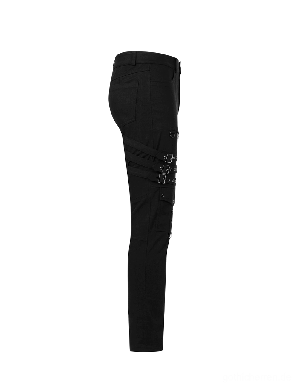 Schwarze Gothic-Cargohose Seitenansicht Flat-Lay mit Schnallengurten und Slim-Cut-Tailoring auf weißem Hintergrund - seitliche Seitennaht und Schnallenplatzierung