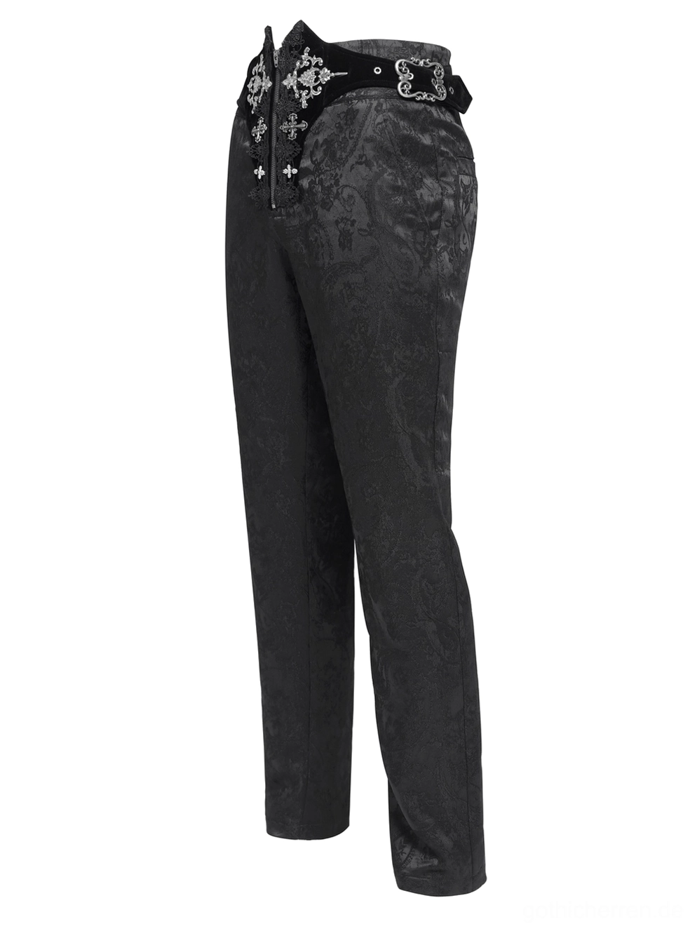 Seitenflachlage schwarze Gothic Cargohose mit hochgeschnittener Taille, dekorativen Schnallen und tailliertem schlankem Bein