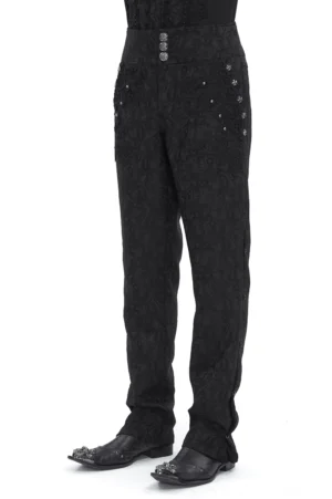 Schwarze Gothic-Cargohose mit Jacquard-Blumenmuster und Metallnieten Frontansicht vollständiger Look Model