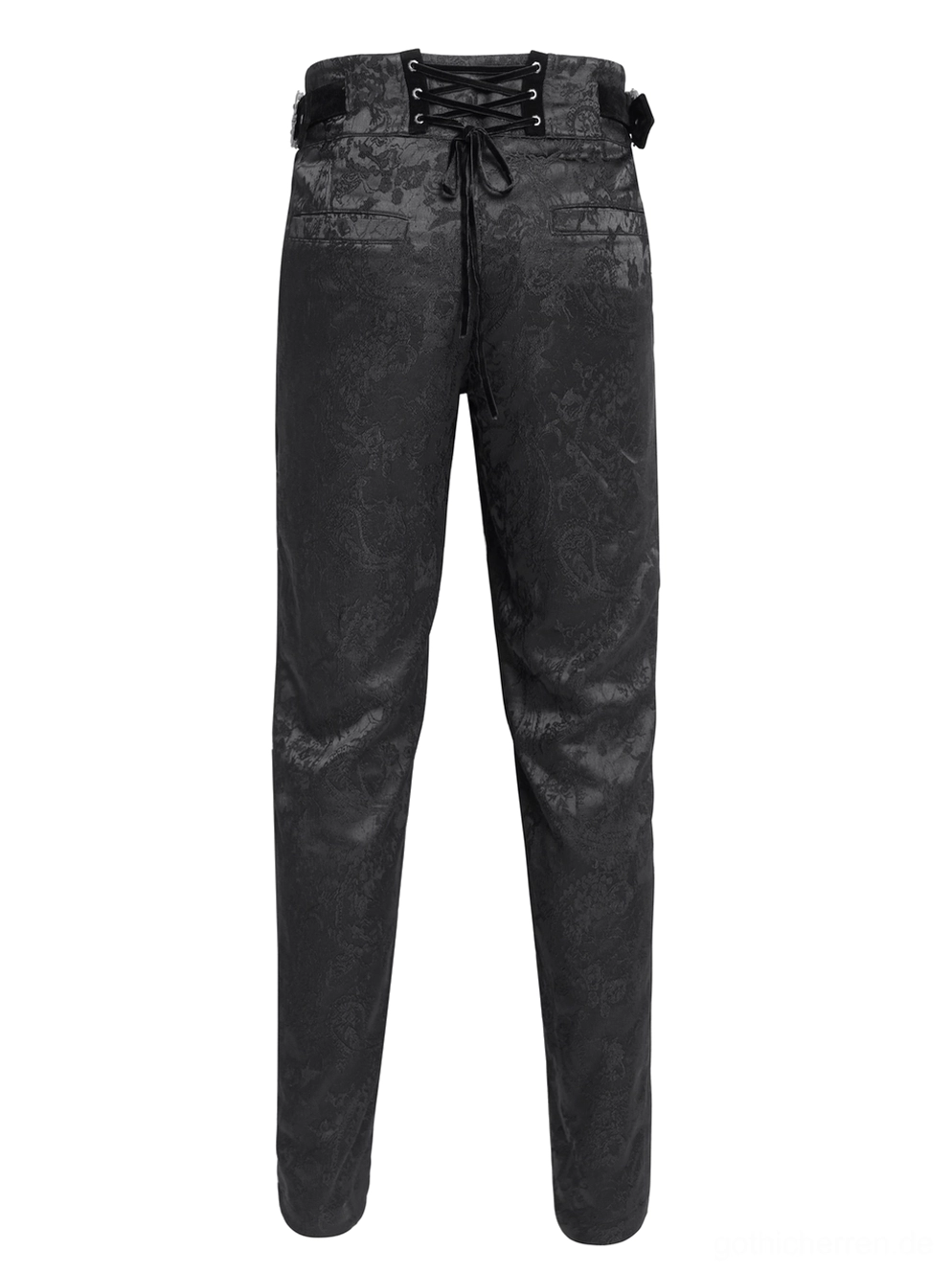 Flachlage schwarze Jacquard-Brokat Gothic Cargohose mit sauberer gerader Beinform und strukturierter Silhouette