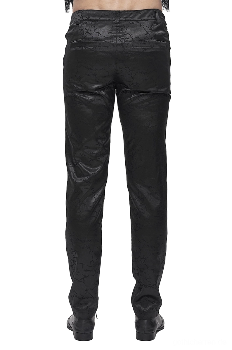 Schwarze Gothic-Herrenhose Rückansicht – hochgeschnittene Konstruktion mit durchgehender geprägte Jacquard-Textur und funktionalen Cargo-Taschen