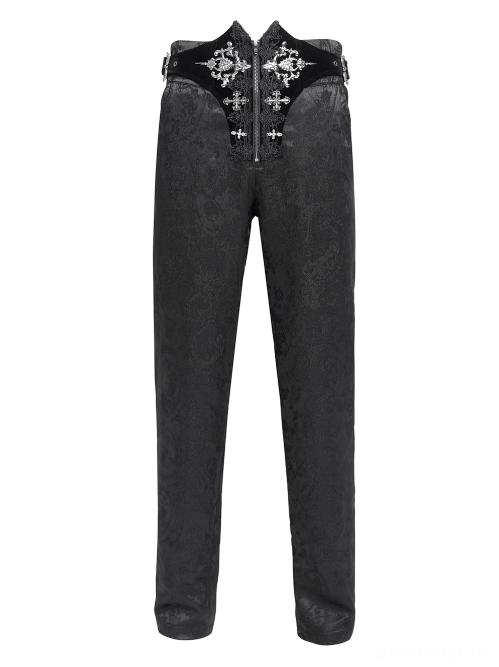 Seitenansicht Mann trägt schwarze Gothic Cargohose mit Kreuzstickerei, hochgeschnittene Taille mit Schnürung, schwarze Lederstiefel