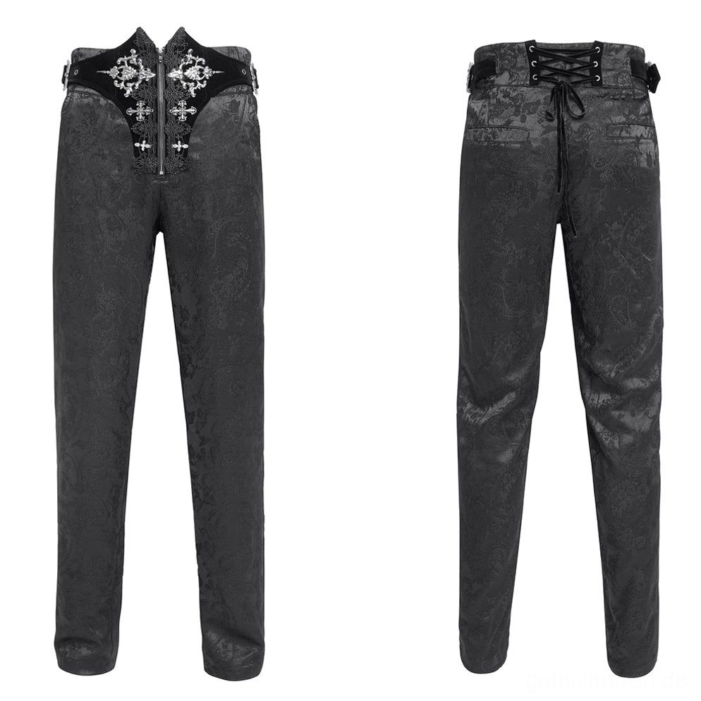 Flachlage schwarze Gothic Cargohose mit silberner Kreuzstickerei, Velvet-Bordüre und Reißverschluss-Vorderseite