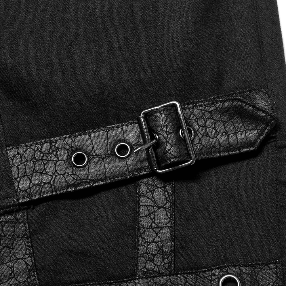 Detaillierte Ansicht Industrial Metall-Grommets und Hardware auf schwarzer Gothic Cargohose, Premium-Konstruktion mit verstärkten Riemen