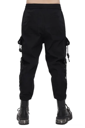 Rückansicht schwarze Gothic Cargo Hose mit elastischem Bund und gerippten Knöchelbündchen, hintere Patch-Pockets Details, underground Fashion