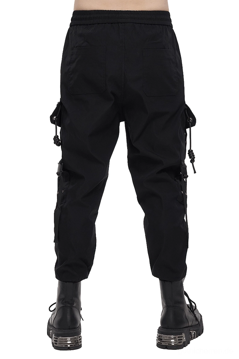 Rückansicht schwarze Gothic Cargo Hose mit elastischem Bund und gerippten Knöchelbündchen, hintere Patch-Pockets Details, underground Fashion