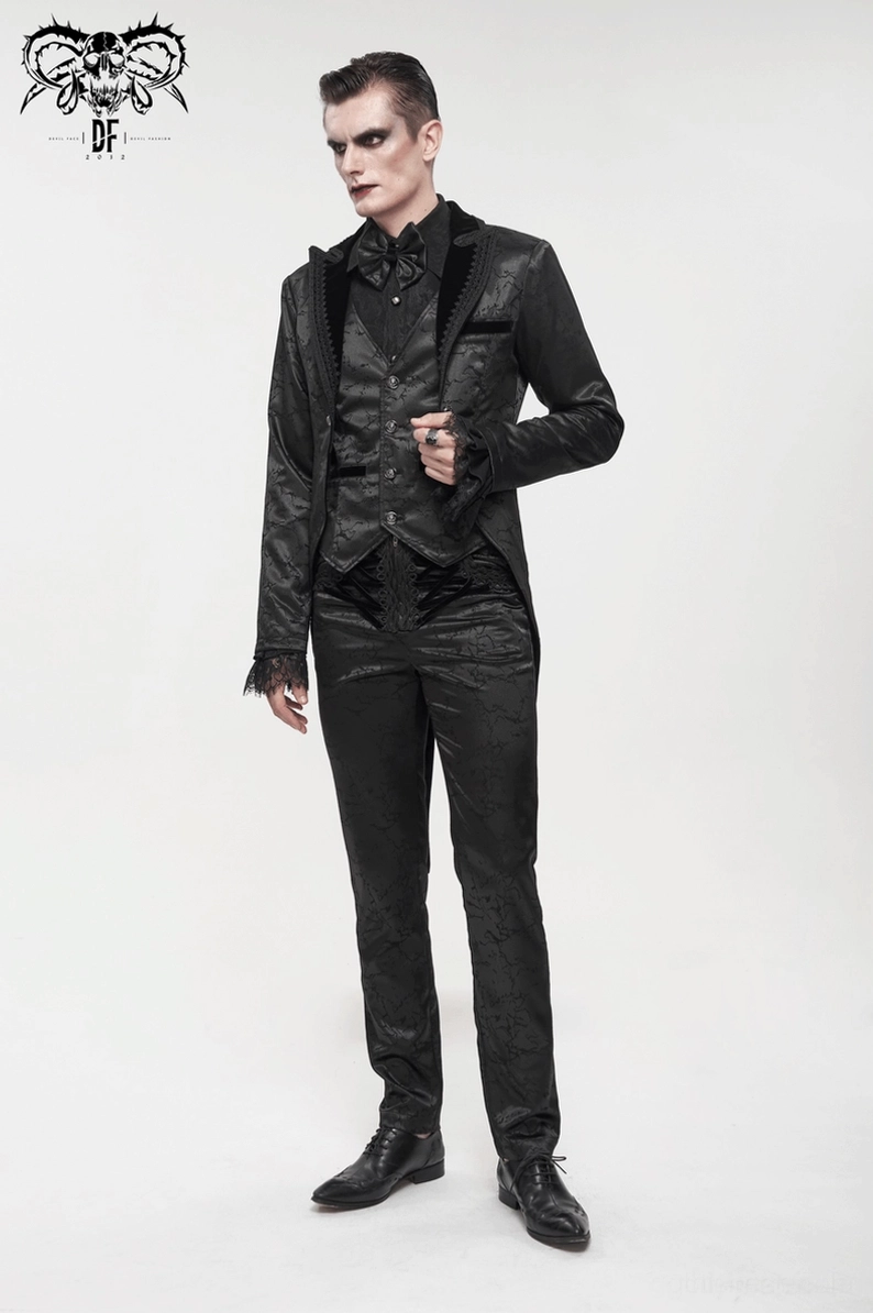 Schwarze Gothic-Herrenhose Premium-Detailaufnahme – ornamentale Schnürung und hochwertige Jacquard-Konstruktion mit samtiger Verarbeitung