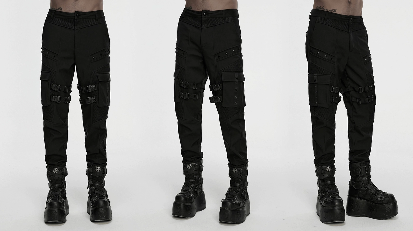 Schwarze Gothic Cargohose Produkt-Fotografie Detail zeigt alle Design-Elemente, Schnallenhardware, taktische Gürte und strukturierte moderne Goth-Ästhetik