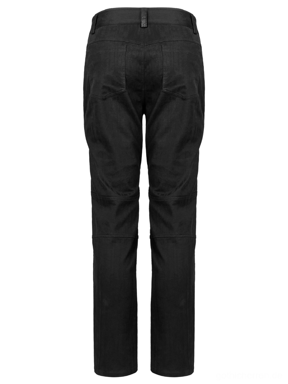 Rückansicht Flat Lay schwarze Gothic Cargohose mit Standard-Rückentaschen, Taillenband Gürtelschlaufen und minimalistischem Rückenkonstruktion