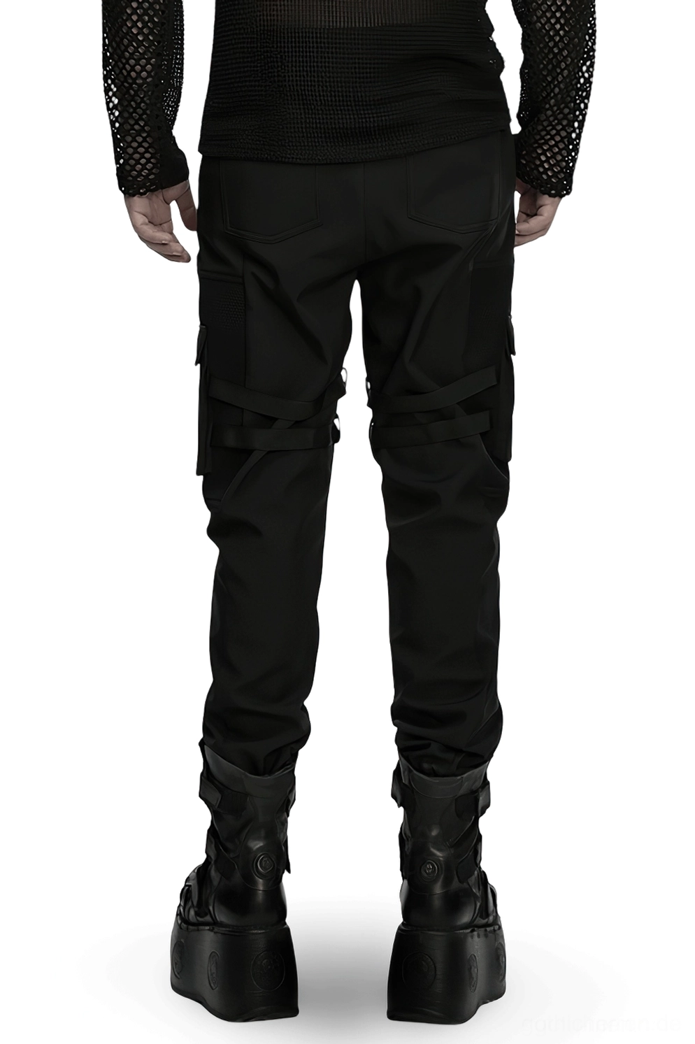 Schwarze Gothic Cargohose Rückansicht getragen mit Mesh-Top und Platform-Boots, zeigt Oberschenkel-Schnallen-Taschen und taillierte Manschetten-Beine für modernes Goth-Styling