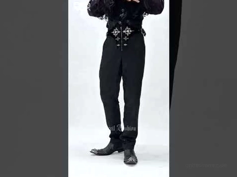 Flachlage Rückseite schwarze viktorianische Gothic Cargohose mit Schnürloch-Verschluss und Jacquard-Brokat-Textur