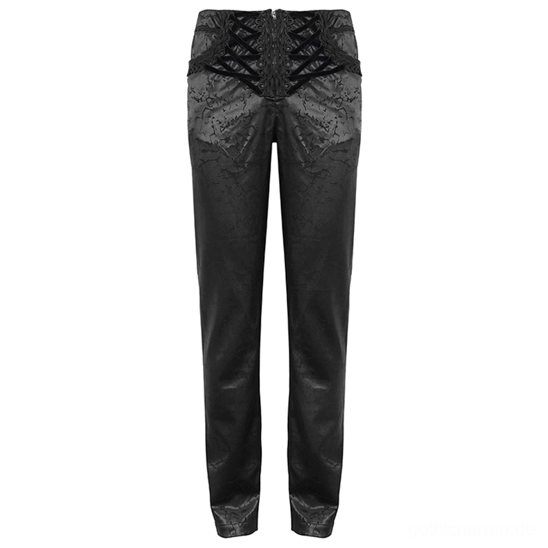 Schwarze Gothic-Cargohose Vorderansicht Detailaufnahme – Fokus auf ornamentale Schnürverschluss-Taille und matt-schwarzes Jacquard-Muster